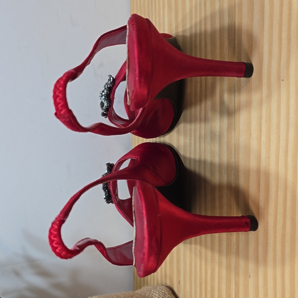 Womens Red Slingback Peep Toe Bling Heels Sz 6m - Picture 3 of 9